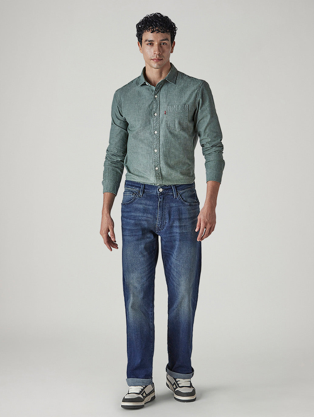 Men's 555 Blue Relaxed Straight Fit Mid Rise Selvedge Jeans - Front View