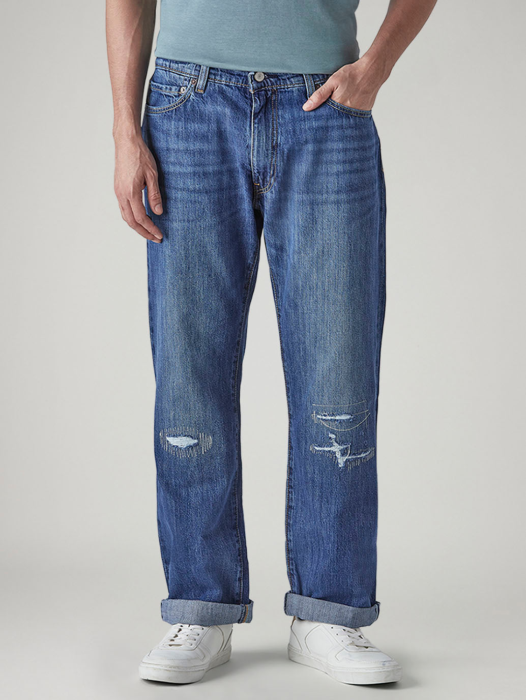 Men's 555 Blue Relaxed Straight Fit Mid Rise Selvedge Jeans - 20 View