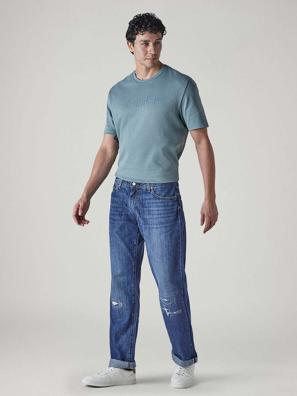 Men's 555 Blue Relaxed Straight Fit Mid Rise Selvedge Jeans - 20 View