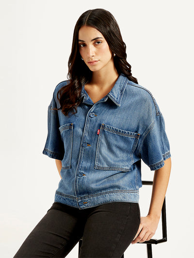 Women's Solid Blue Spread Collar Denim Trucker Jacket
