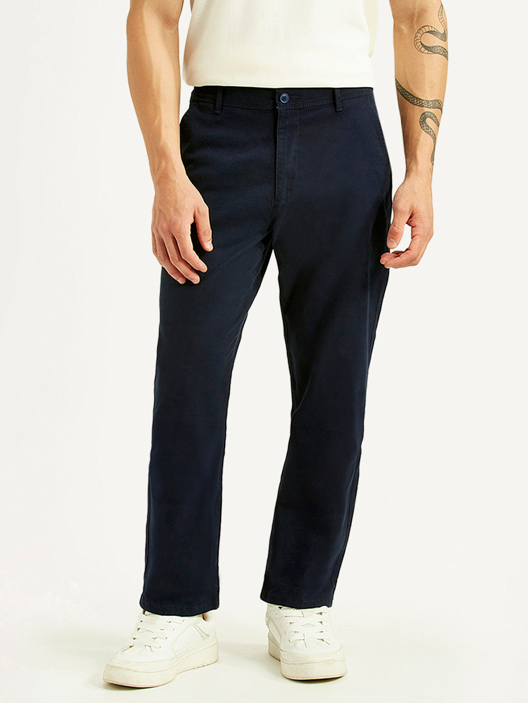 Men's Navy Relaxed Straight Fit Chinos - Front View