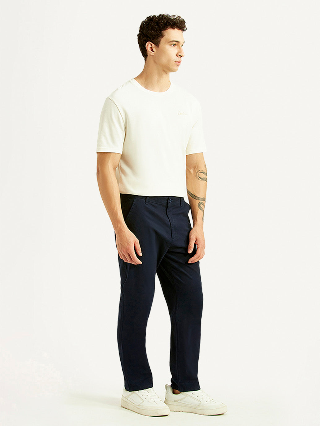 Men's Navy Relaxed Straight Fit Chinos - Side View