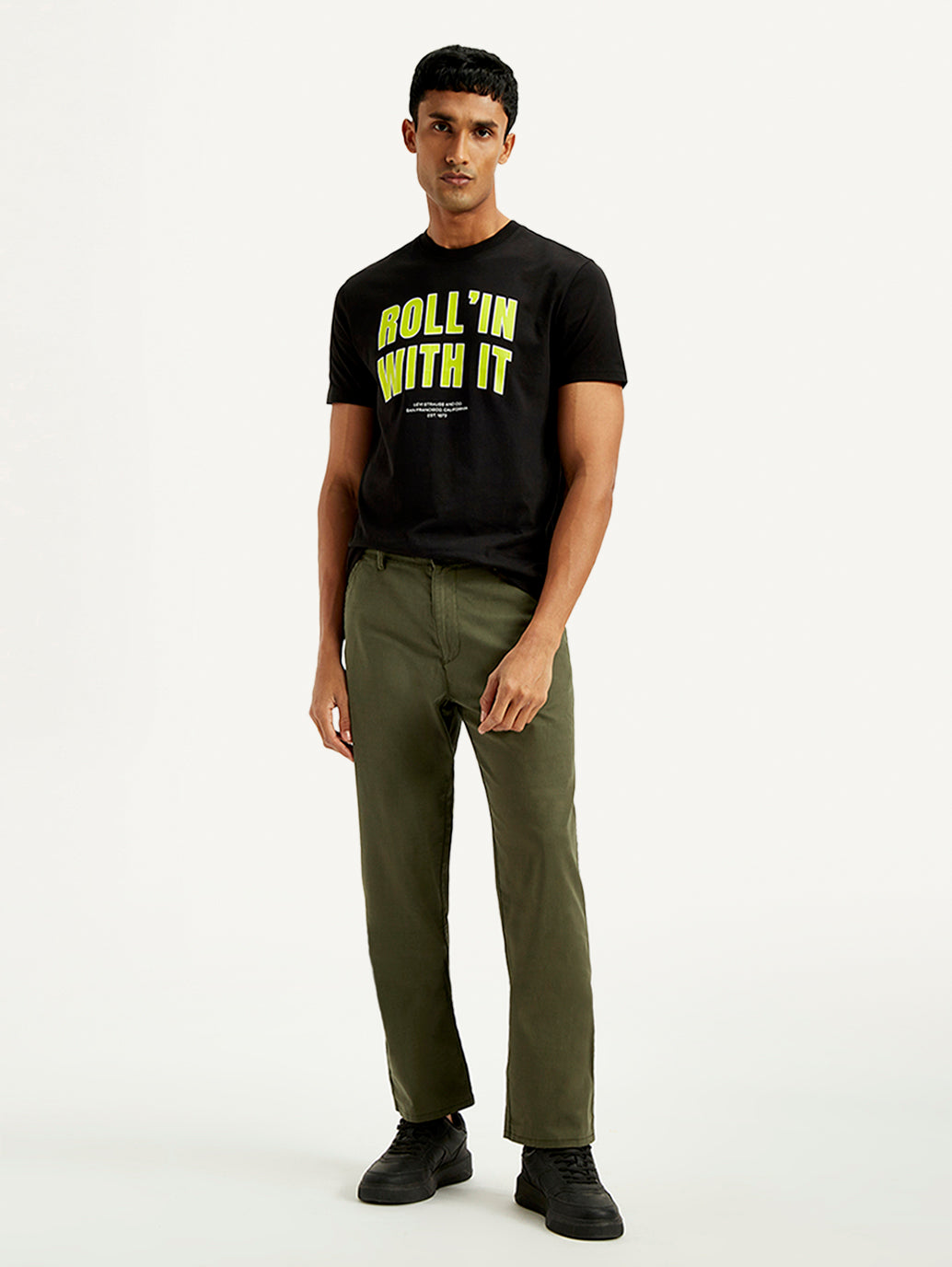 Men's Olive Green Relaxed Straight Fit Chinos - Styleshot View