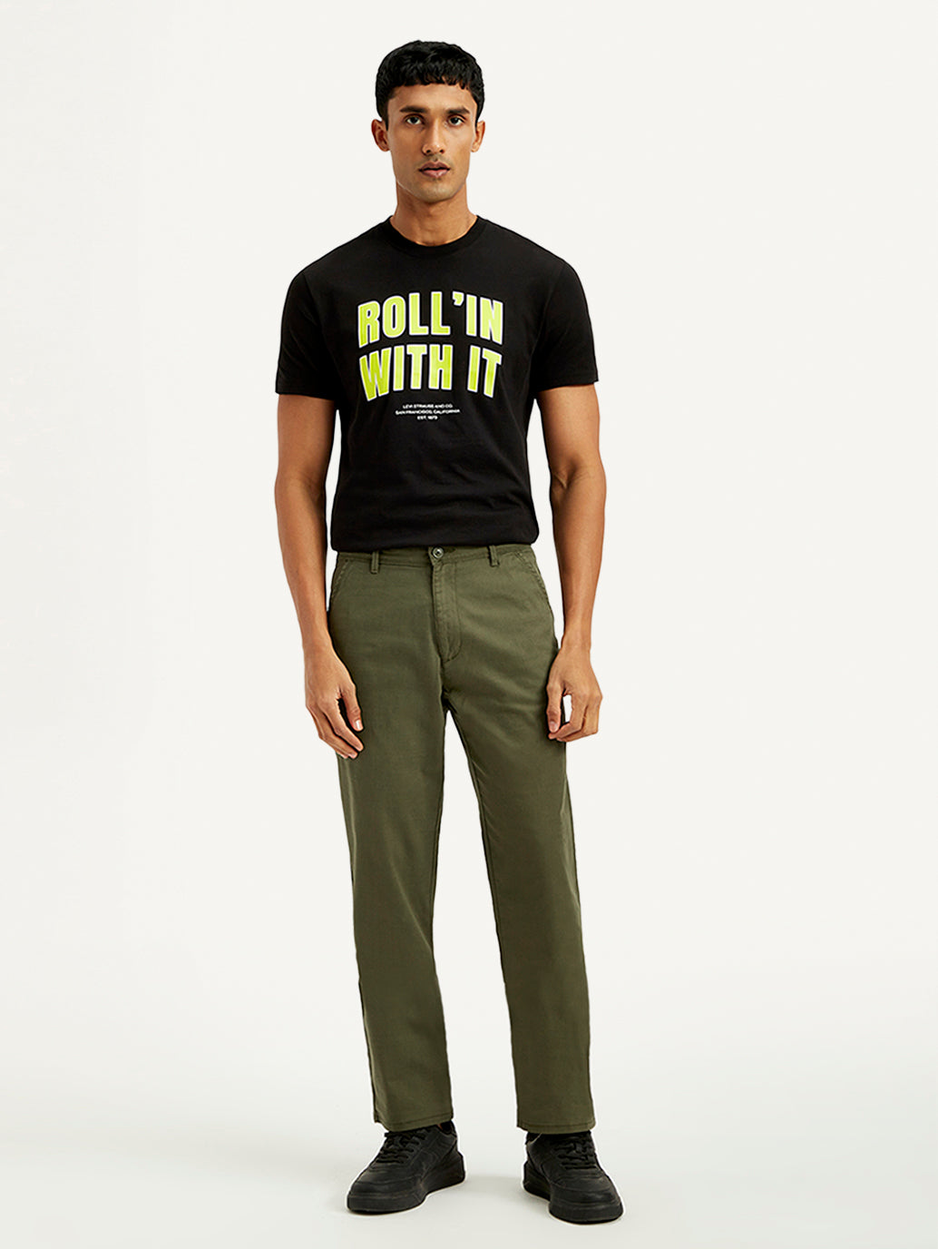 Men's Olive Green Relaxed Straight Fit Chinos - Front View