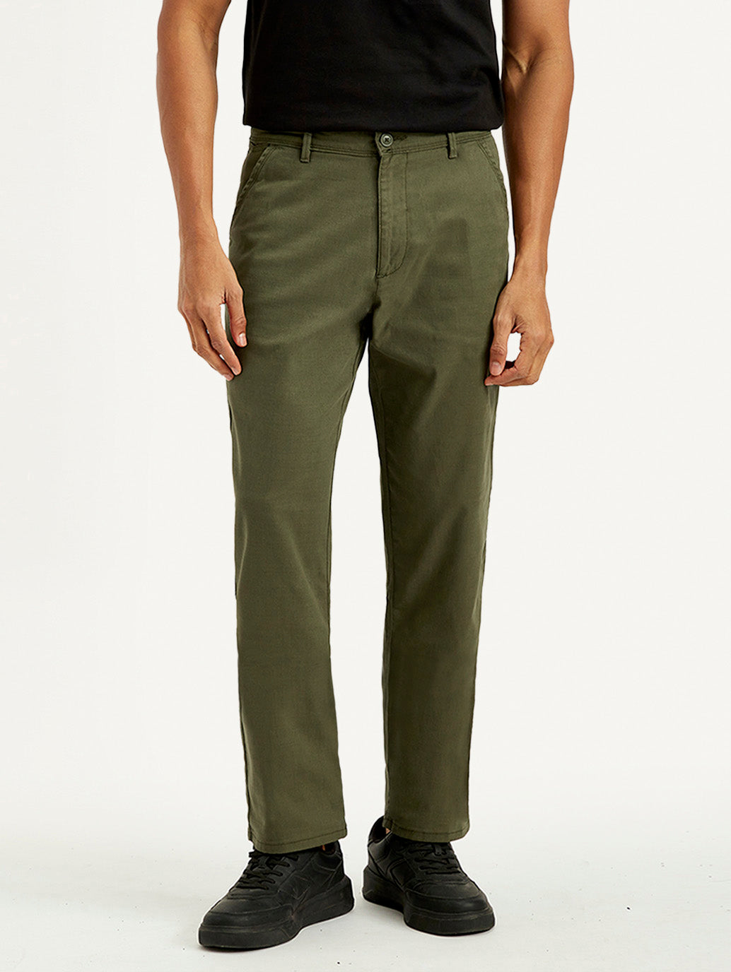 Men's Olive Green Relaxed Straight Fit Chinos - Front View