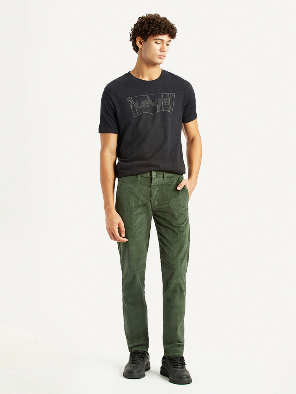 Men's Olive Green Slim Fit Corduroy Trousers - Front View