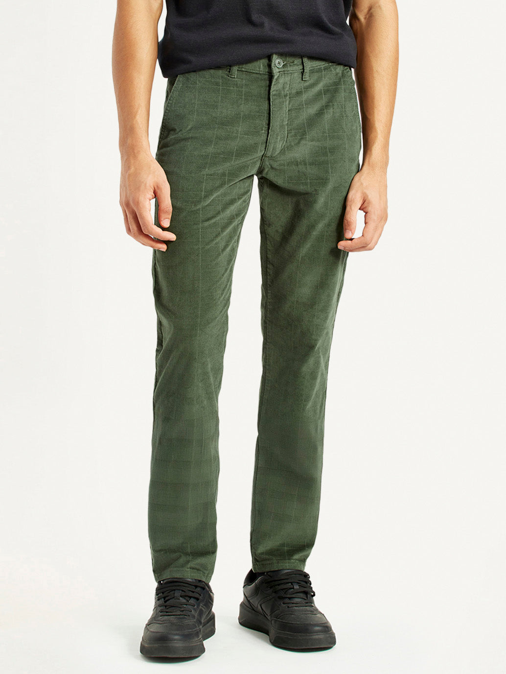Men's Olive Green Slim Fit Corduroy Trousers - Front View