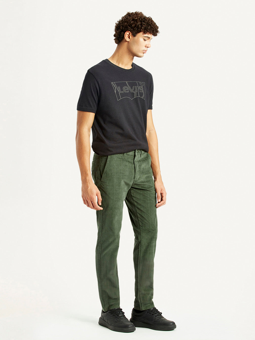 Men's Olive Green Slim Fit Corduroy Trousers - Side View