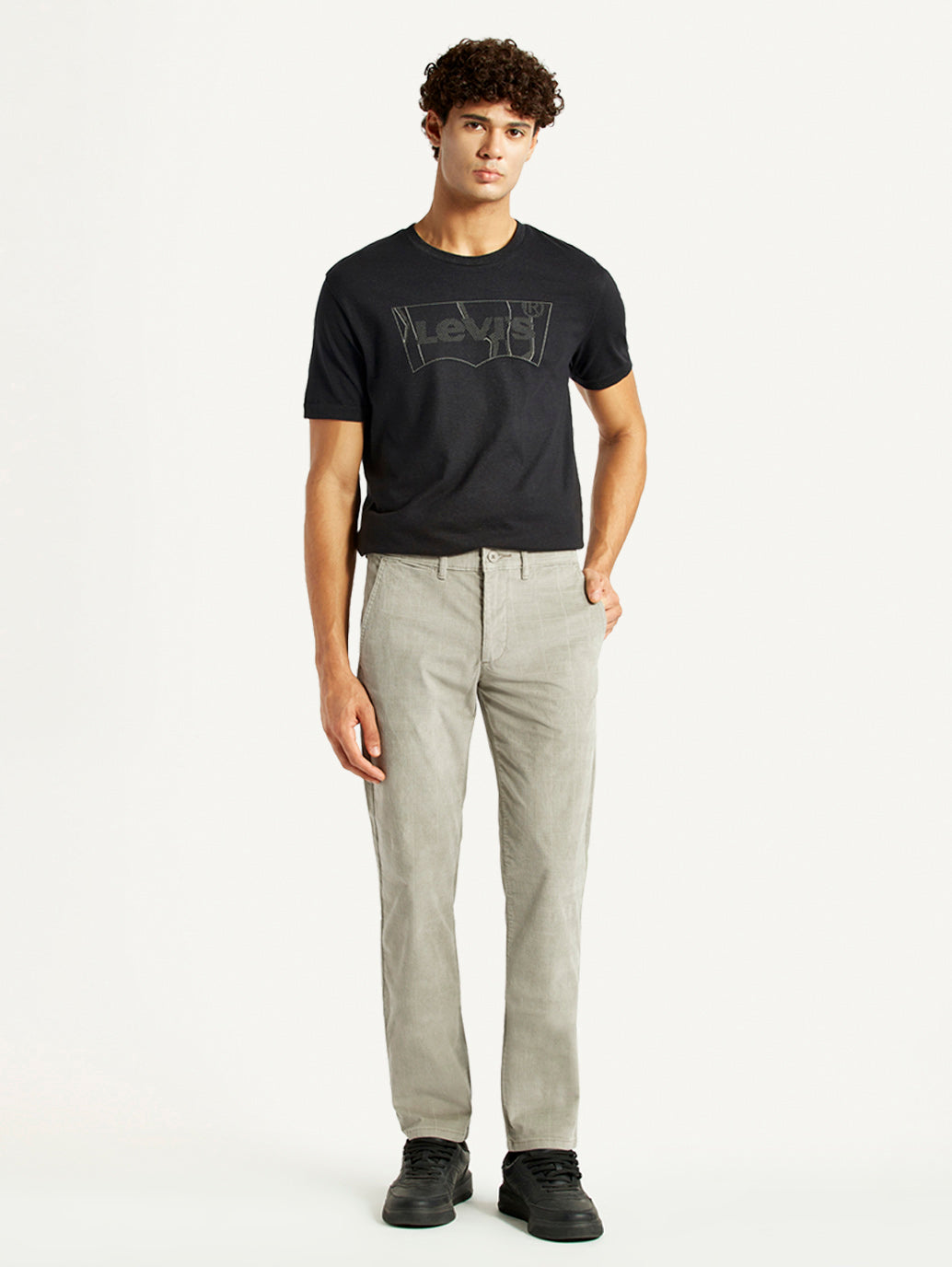 Men's Light Grey Slim Fit Tapered Corduroy Trousers - Front View