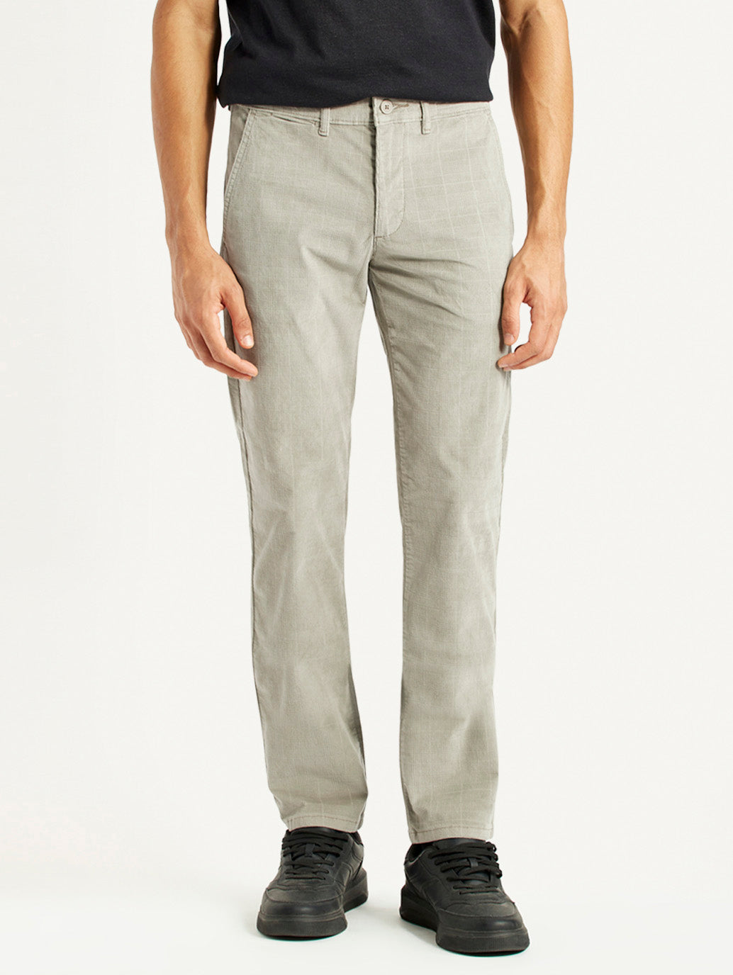 Men's Light Grey Slim Fit Tapered Corduroy Trousers - Front View