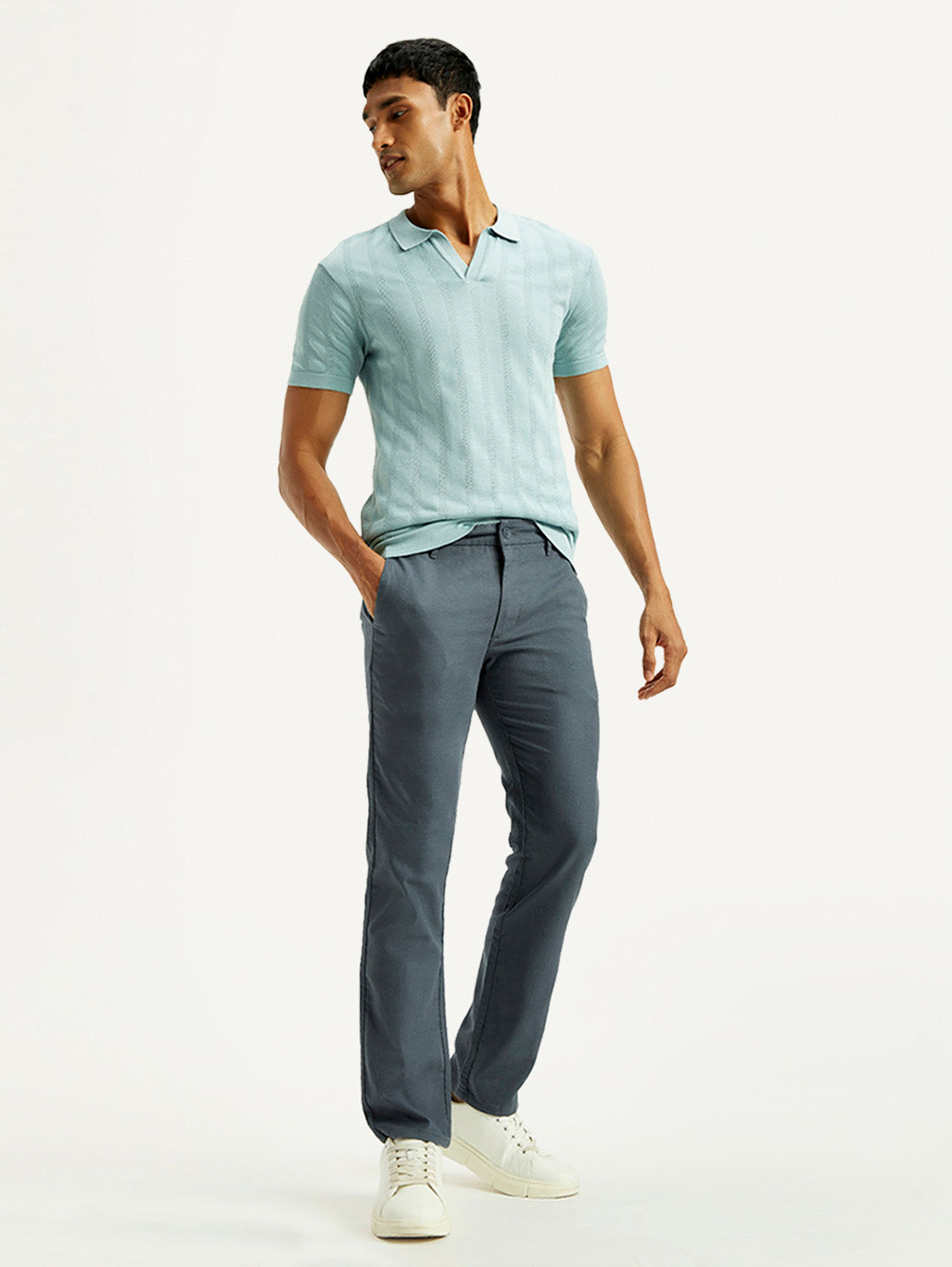 Men's Redloop 511 Blue Slim Fit Mid Rise Linen Chinos - Elevated View