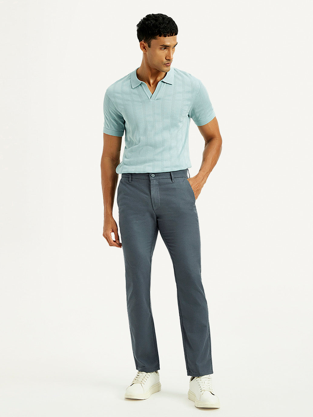 Men's Redloop 511 Blue Slim Fit Mid Rise Linen Chinos - Front View