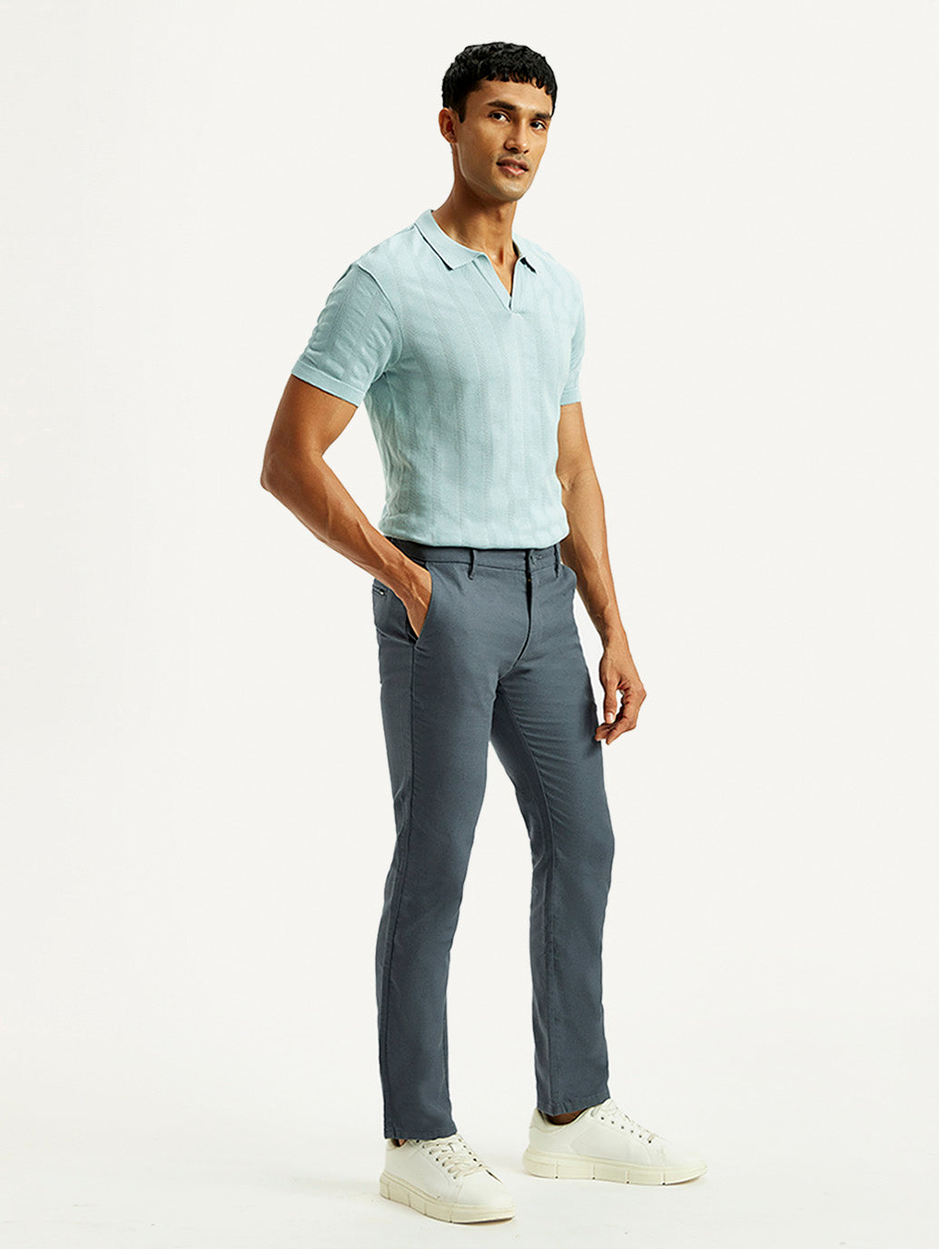 Men's Redloop 511 Blue Slim Fit Mid Rise Linen Chinos - Side View