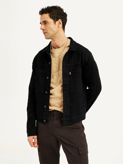 Men's Solid Black Spread Collar Denim Jacket