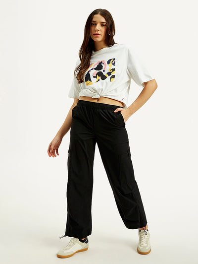 Women's Mid Rise Black Loose Fit Cargo Trousers