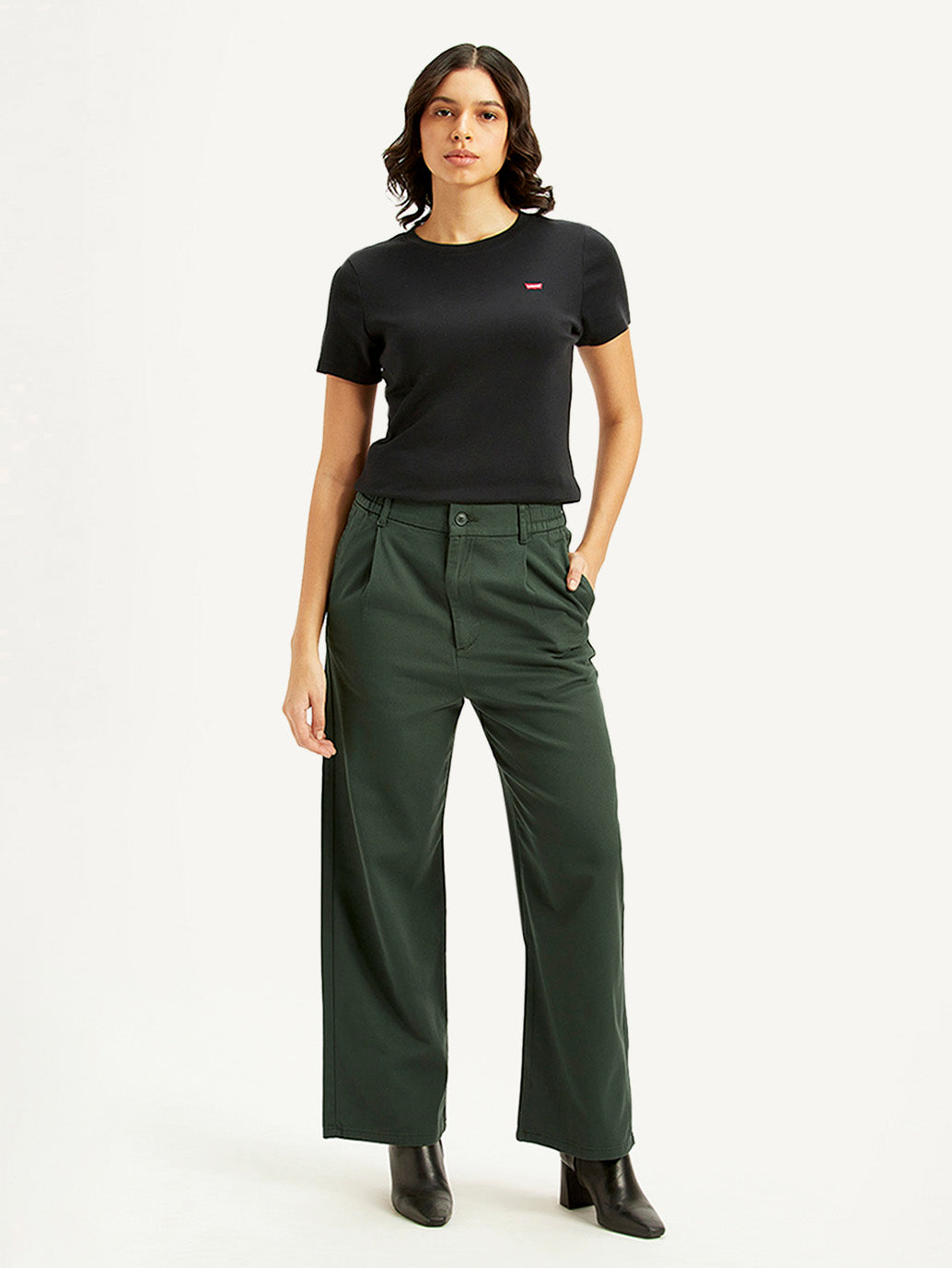 Women's High Rise Olive Loose Fit Trousers - Front View