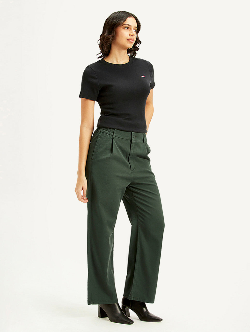 Women's High Rise Olive Loose Fit Trousers - Side View