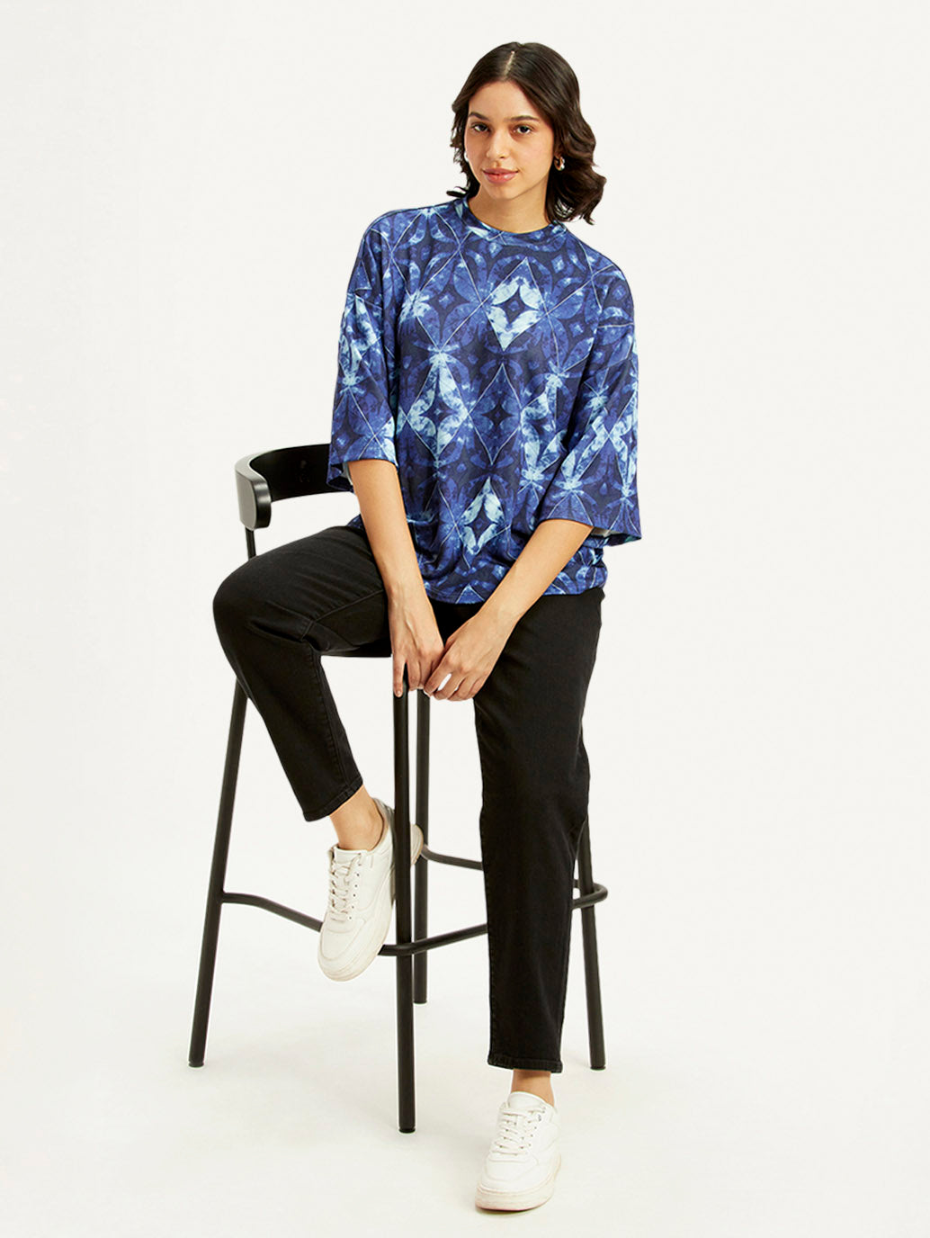 Women's Printed Blue Round Neck Top