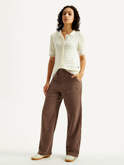 Women's Brown Loose Fit Mid Rise Trousers