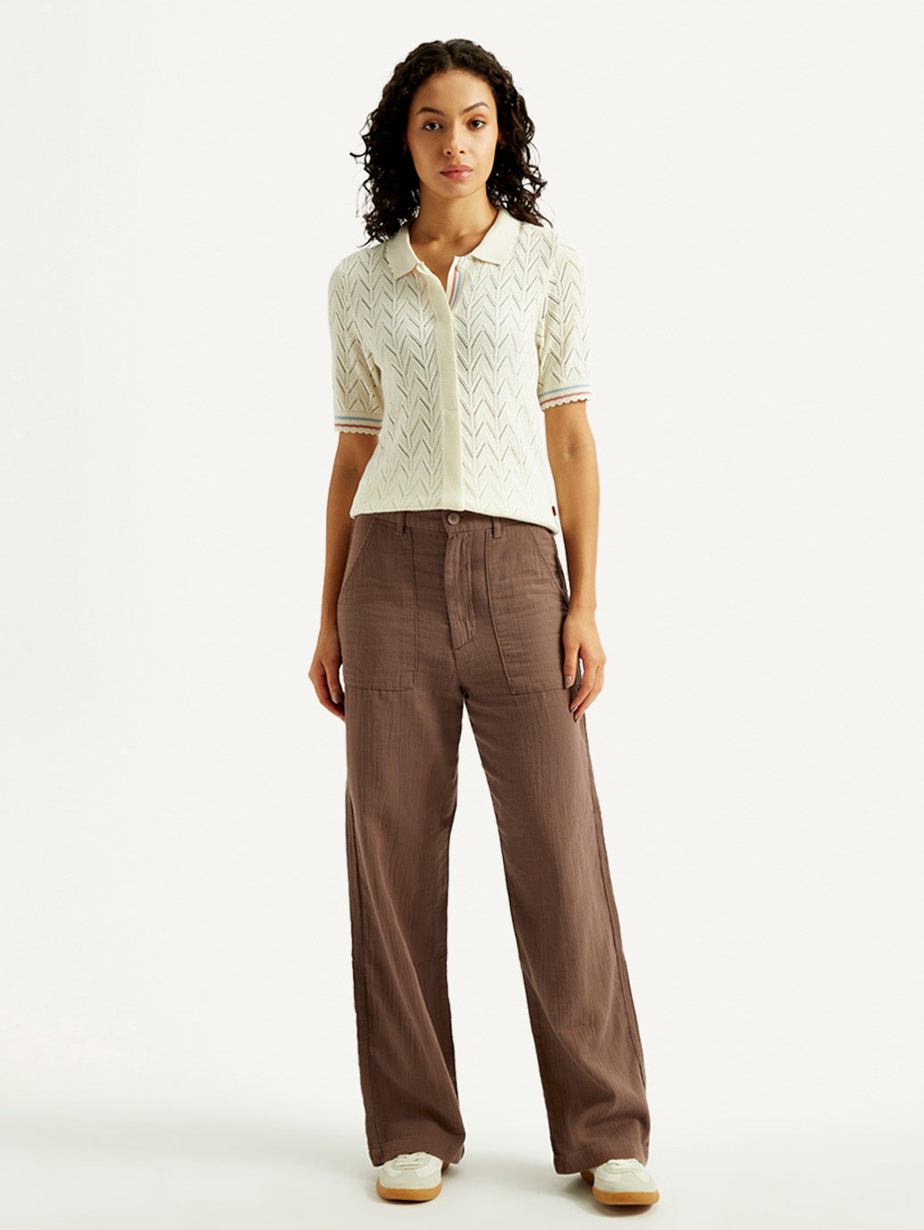 Women's Brown Loose Fit Mid Rise Trousers - Front View