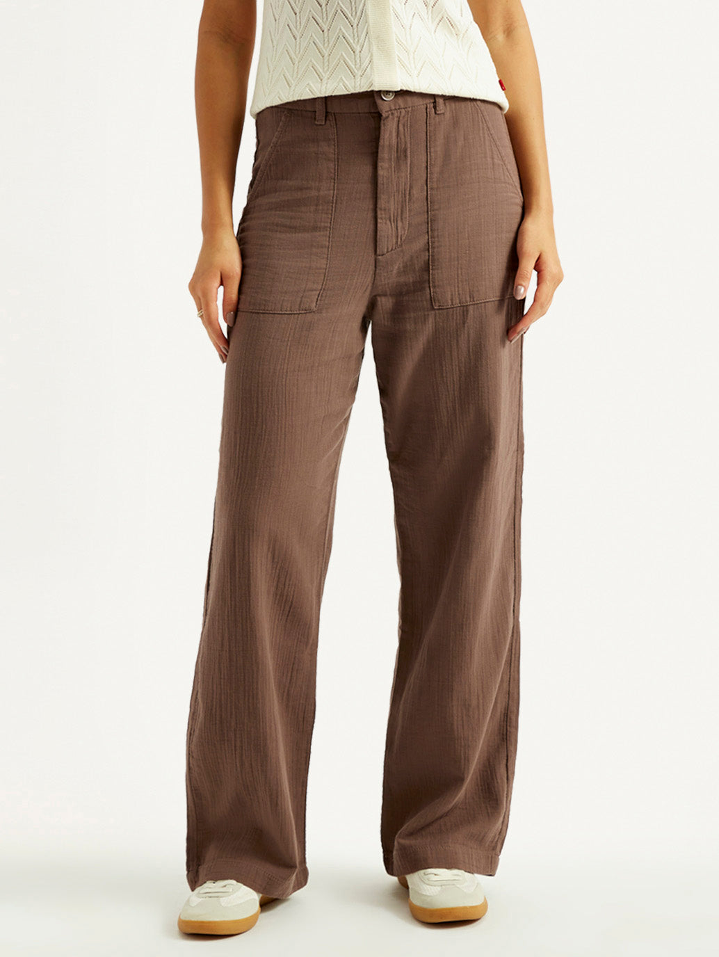 Women's Brown Loose Fit Mid Rise Trousers - Front View
