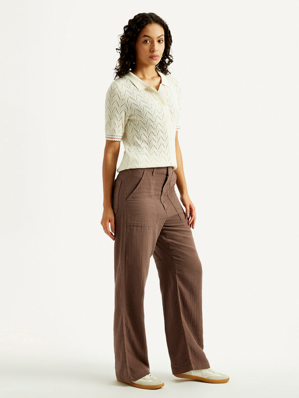 Women's Brown Loose Fit Mid Rise Trousers - Side View