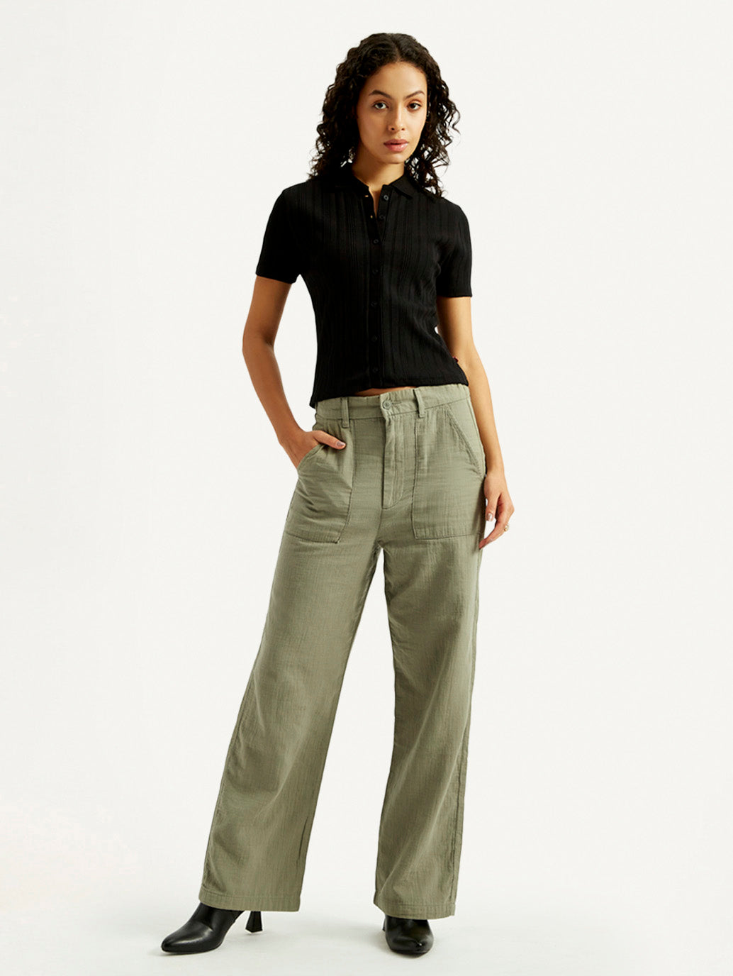 Women's Olive Green Loose Fit Mid Rise Trousers
