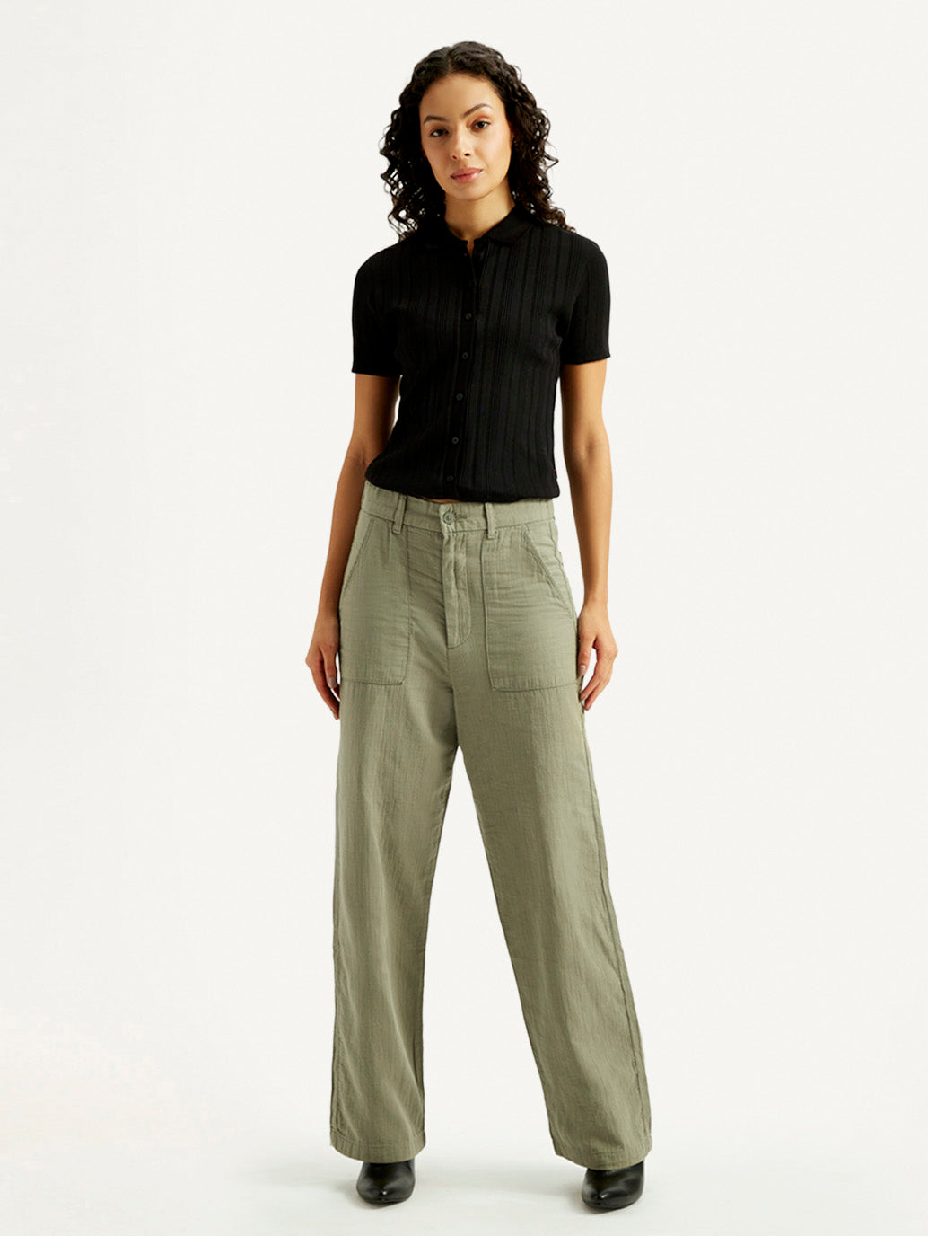 Women's Olive Green Loose Fit Mid Rise Trousers - Front View