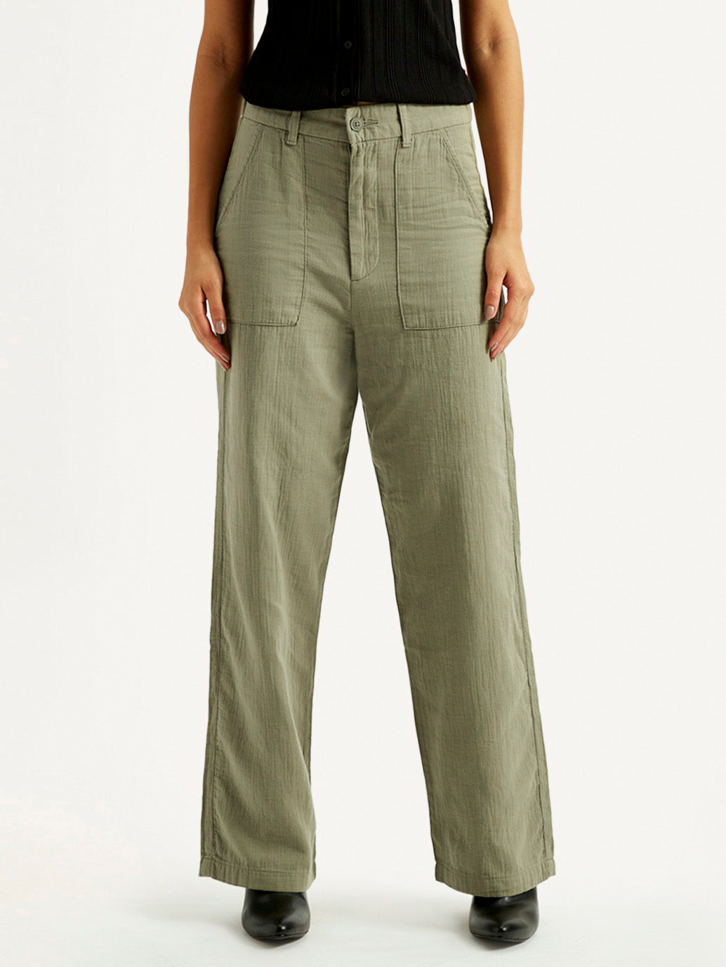 Women's Olive Green Loose Fit Mid Rise Trousers - Front View