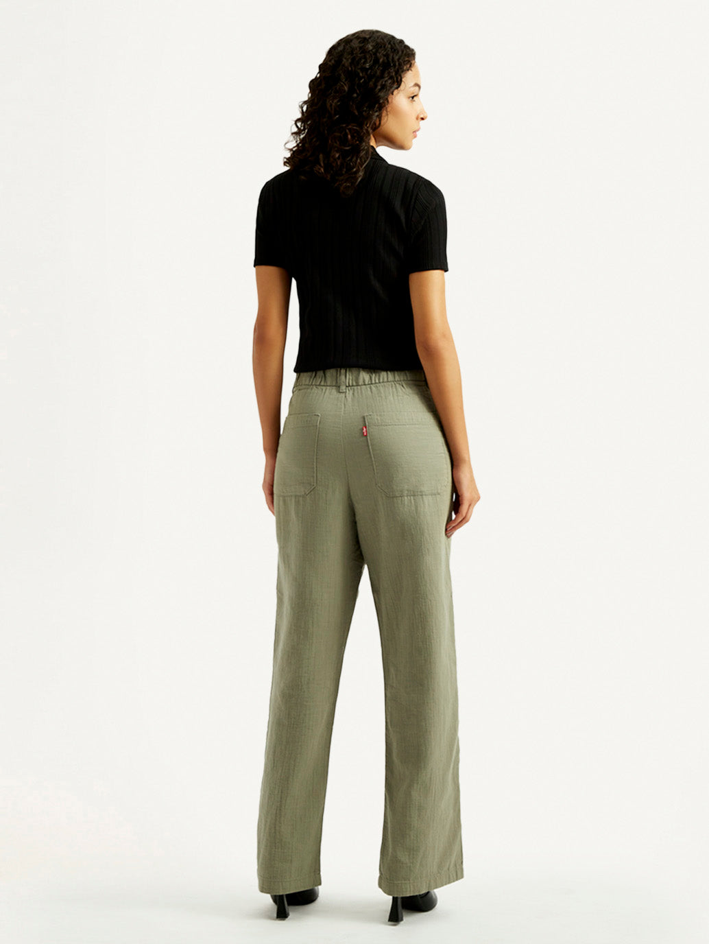 Women's Olive Green Loose Fit Mid Rise Trousers - Back View
