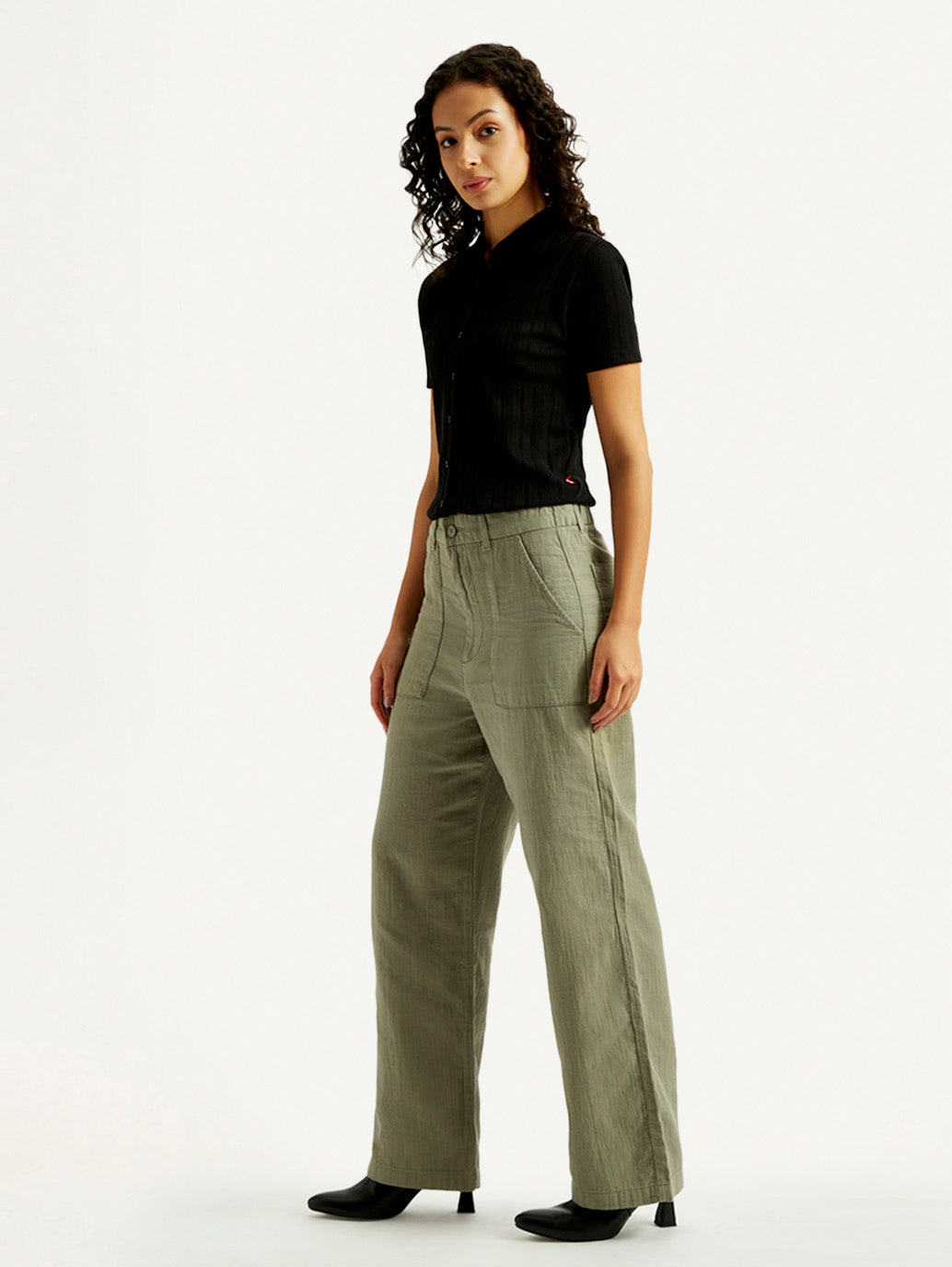 Women's Olive Green Loose Fit Mid Rise Trousers - Side View