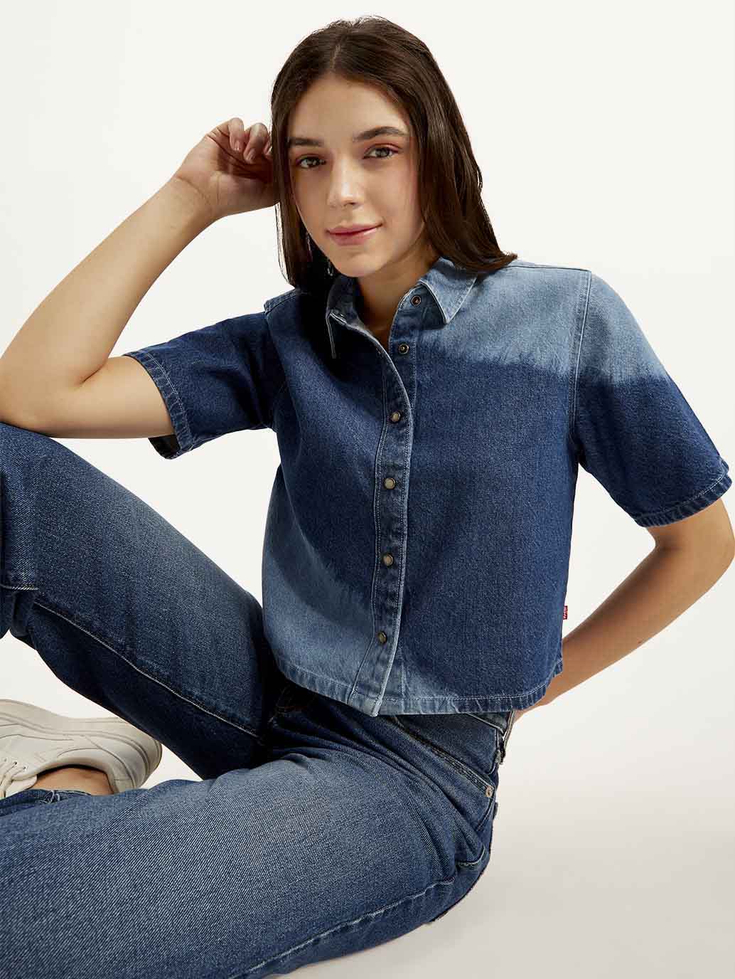 Women's Colorblock Spread Collar Denim Shirt - Elevated View