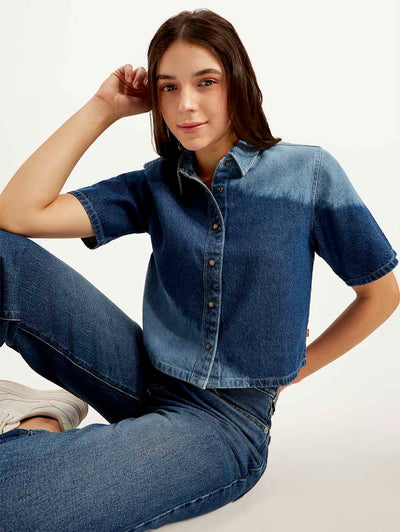 Women's Colorblock Spread Collar Denim Shirt