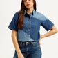 Women's Colorblock Spread Collar Denim Shirt - Styleshot View