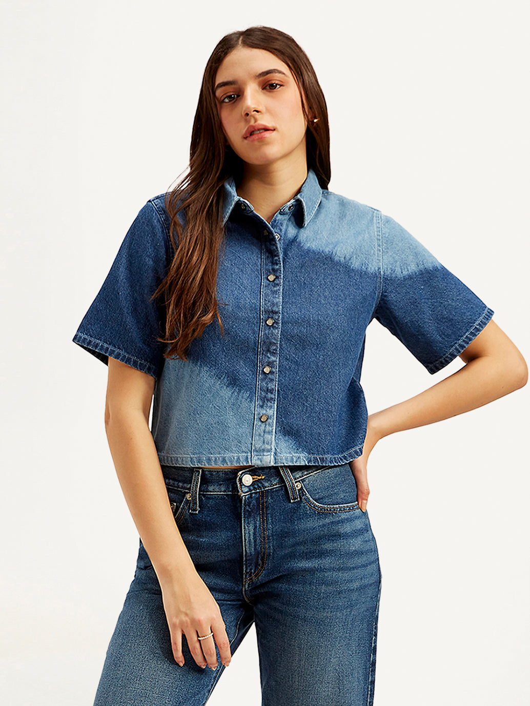 Women's Colorblock Spread Collar Denim Shirt - Styleshot View