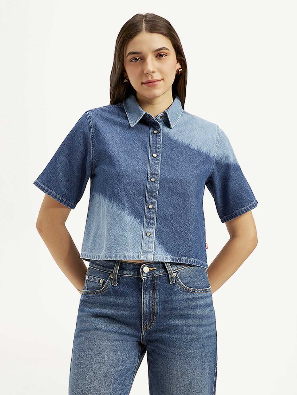 Women's Colorblock Spread Collar Denim Shirt - Front View