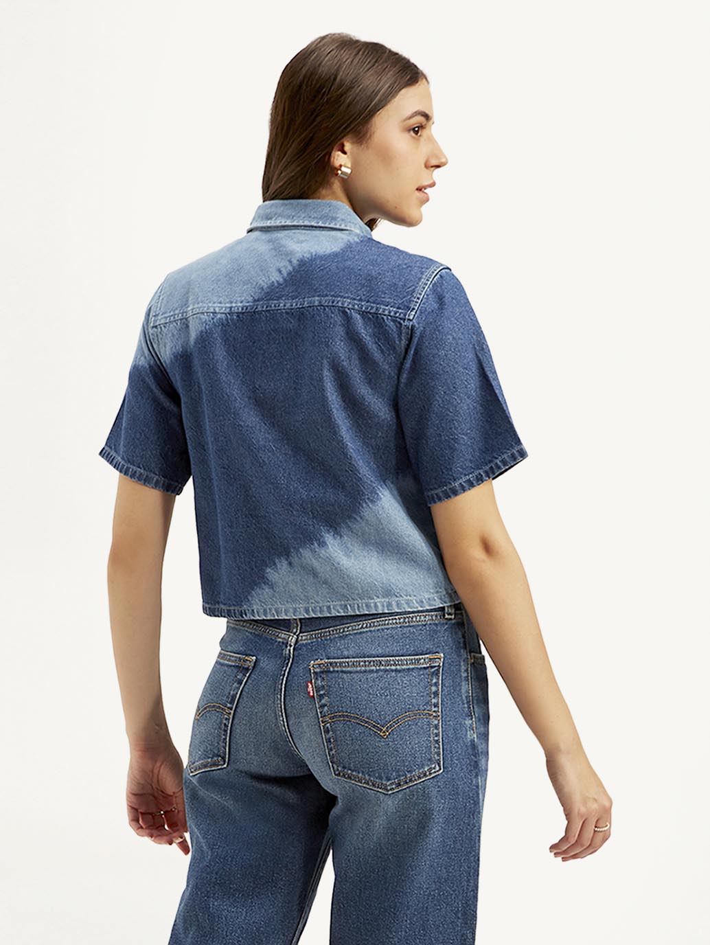 Women's Colorblock Spread Collar Denim Shirt - Back View