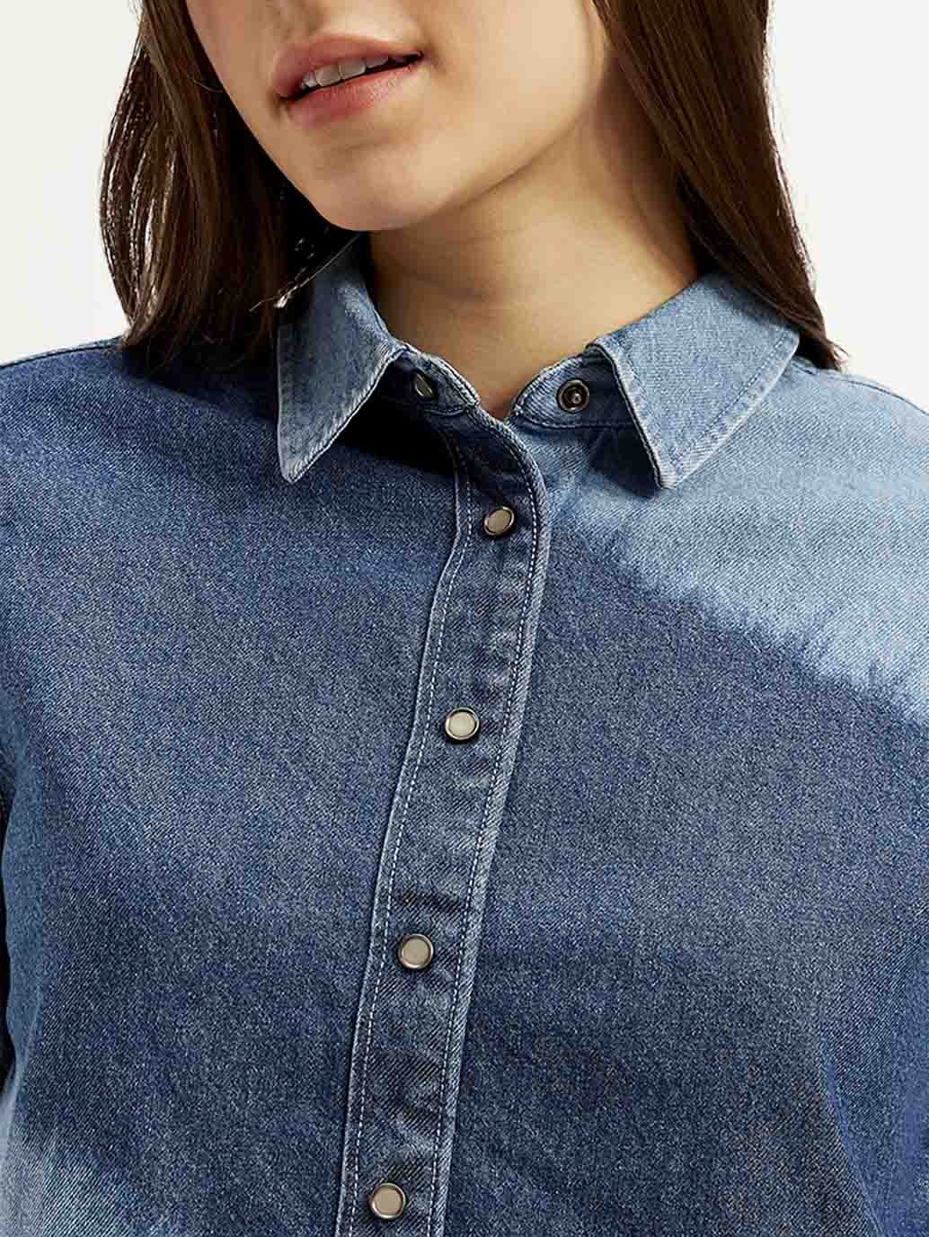 Women's Colorblock Spread Collar Denim Shirt - Detail View