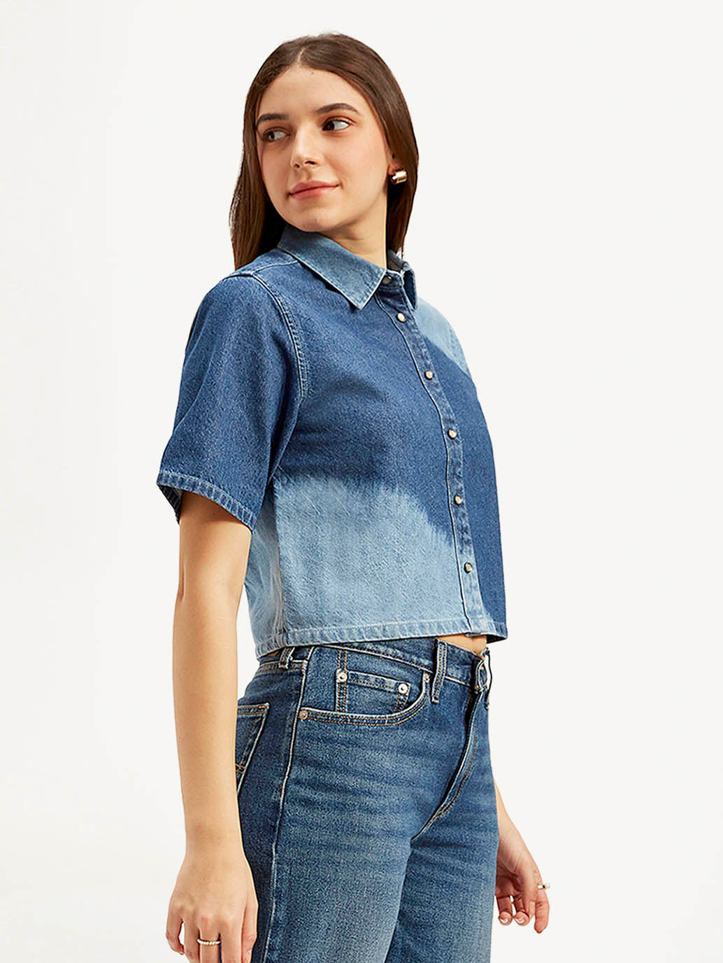 Women's Colorblock Spread Collar Denim Shirt - Side View