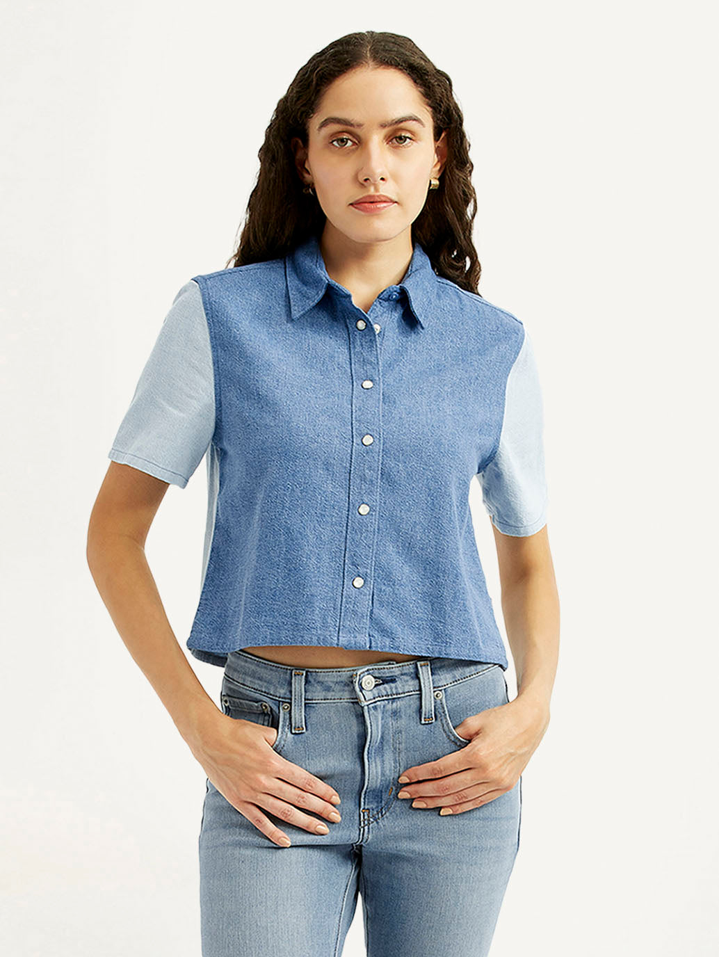 Women's Colorblock Blue Regular Fit Shirt - Styleshot View