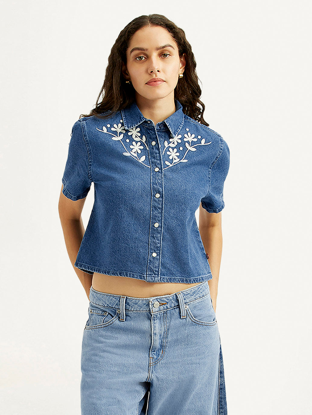 Women's Embroidered Blue Spread Collar Shirt