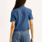 Women's Embroidered Blue Spread Collar Shirt - Back View
