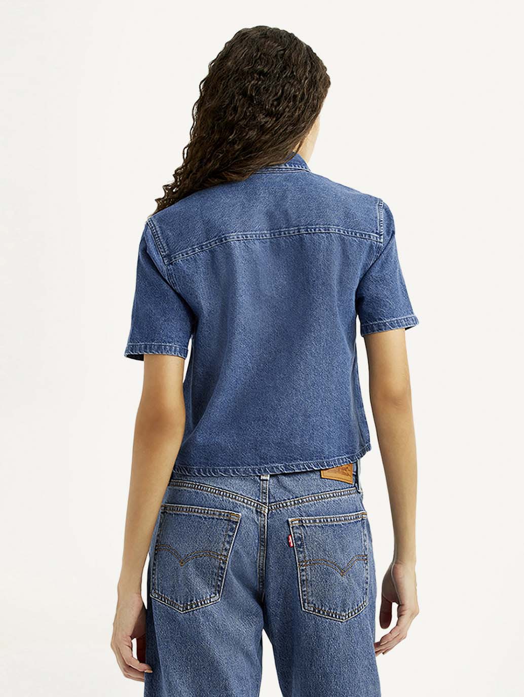 Women's Embroidered Blue Spread Collar Shirt - Back View