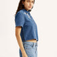 Women's Embroidered Blue Spread Collar Shirt - Side View