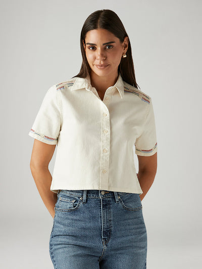 Women's Embroidered Off White Spread Collar Shirt