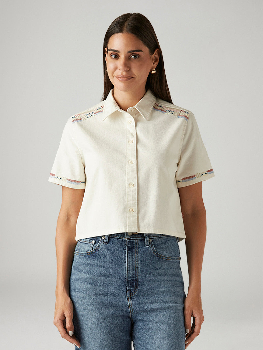 Women's Embroidered Off White Spread Collar Shirt - Front View