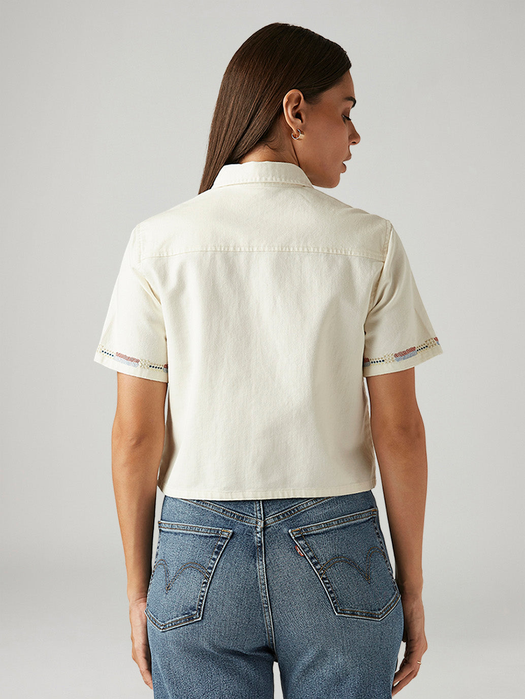 Women's Embroidered Off White Spread Collar Shirt - Back View