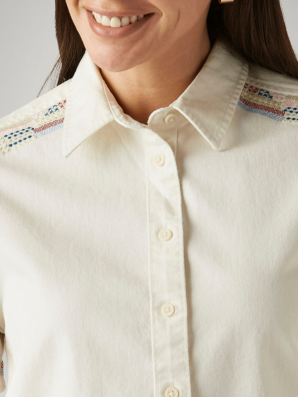 Women's Embroidered Off White Spread Collar Shirt - Detail View
