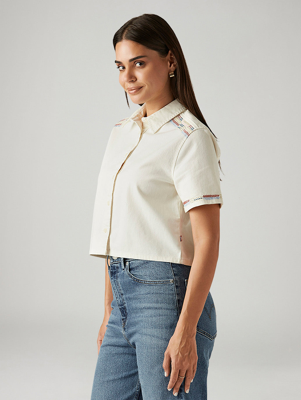 Women's Embroidered Off White Spread Collar Shirt - Side View
