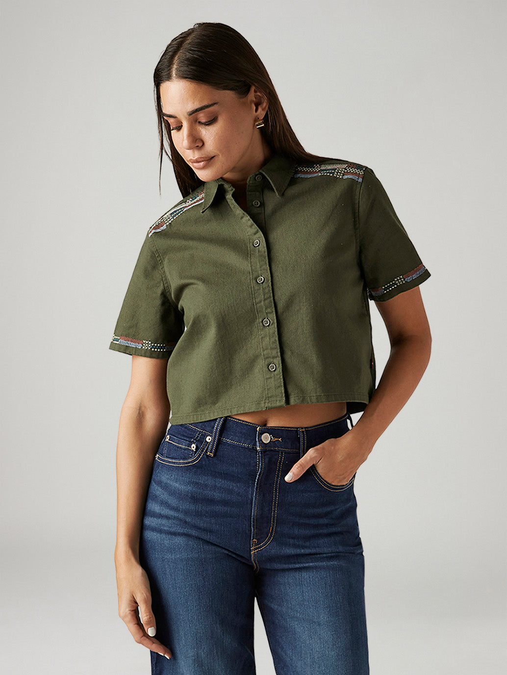 Women's Embroidered Olive Green Spread Collar Shirt
